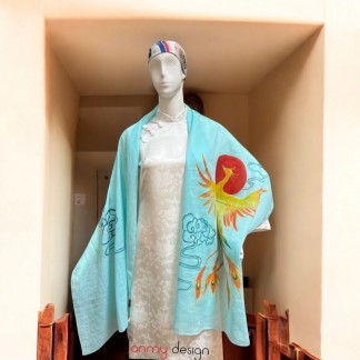 Khăn gai dài màu xanh bạc hà vẽ tay hình phượng hoàng 70*190cm